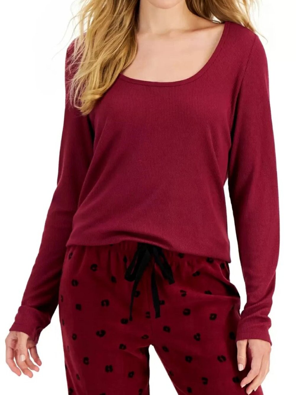 Jenni Intimates Women's Long-Sleeve Waffle-Knit Pajama Top, Plum Wine Red, XXL
